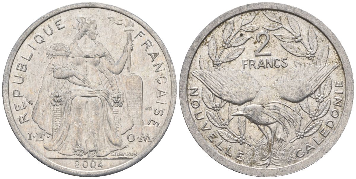 Французская Новая Каледония 2 франка 2004 птица кагу, (IEOM) KM 14, Schoen 11, Lec 68i алюминий    28-556