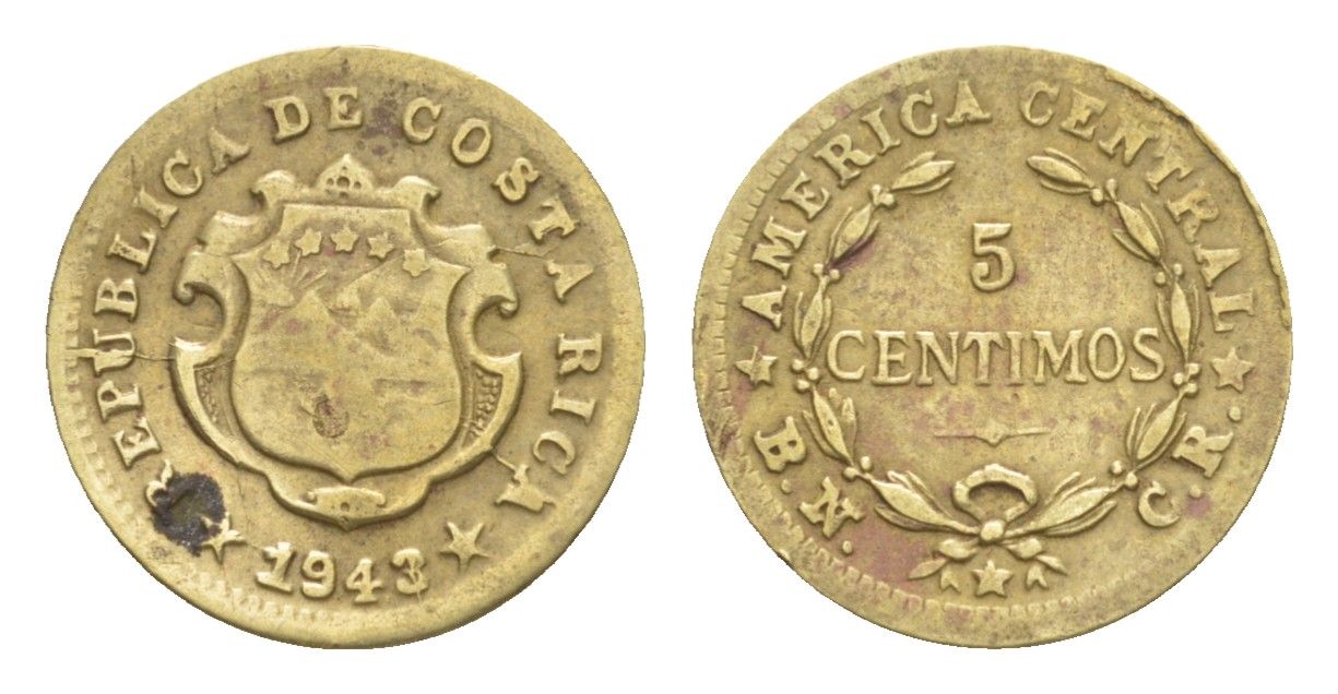 Коста-Рика 5 сентимо 1943 KM 179 латунь 4644-314
