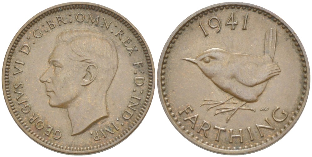 Великобритания 1 фартинг 1941 Георг VI (1936-1952) KM 843, Spink 4116 бронза 4543-1113
