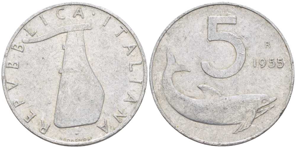 ИТАЛИЯ 5 ЛИР 1955 R, РУЛЬ, ДЕЛЬФИН KM 92 алюминий 175-127