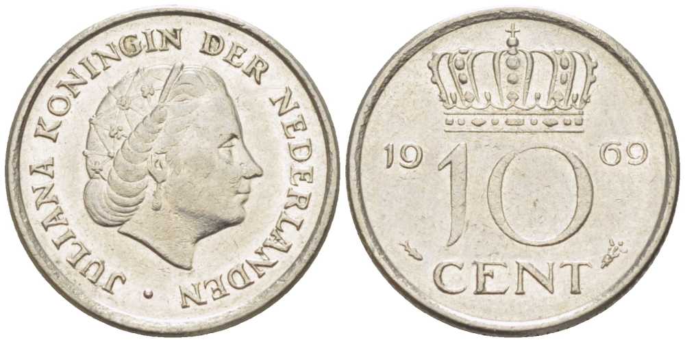 Нидерланды 10 центов 1969 Юлиана (1948-1980) KM 182 никель 214-1244