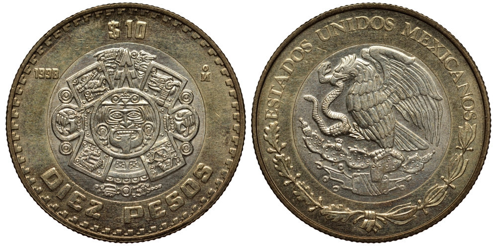Мексика 10 песо 1998 Мо, бог Тонатиуха с огненной маской KM 616 биметалл XF 215-1022