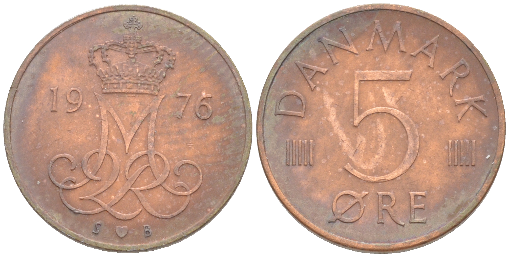 Дания 5 эре 1976 S; B, Маргрете II (1972- ) KM 859.1 железо плакированное медью UNC 187-625