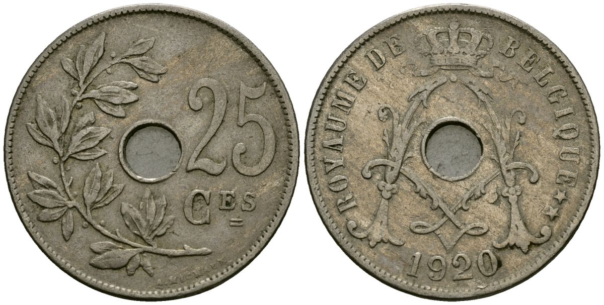 Бельгия 25 сантимов 1920 Belgique KM 68 медно-никель 4168-1222