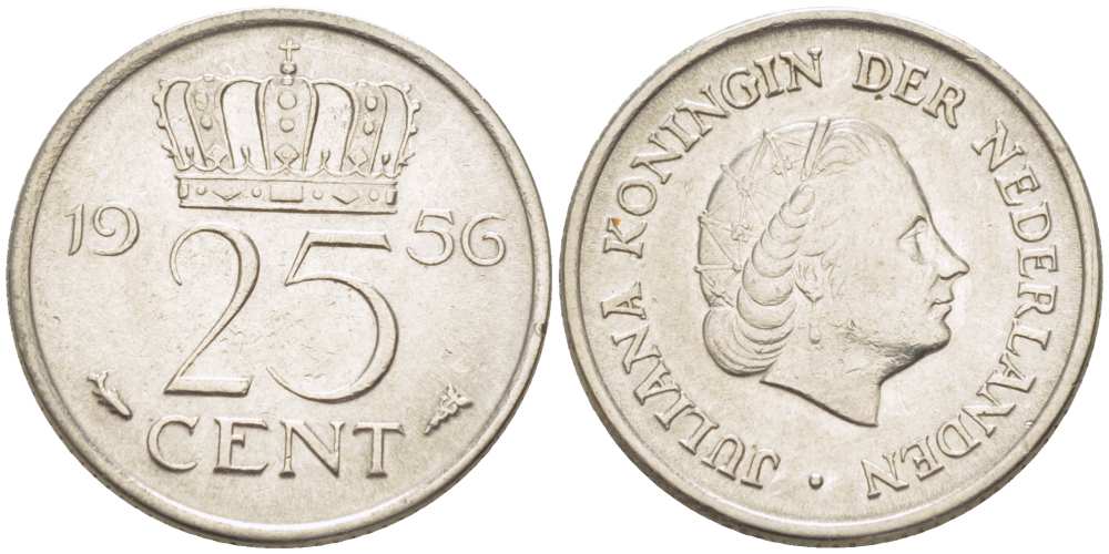 НИДЕРЛАНДЫ 25 ЦЕНТОВ 1956 КОРОЛЕВА ЮЛИАНА KM 183 никель 3955-149