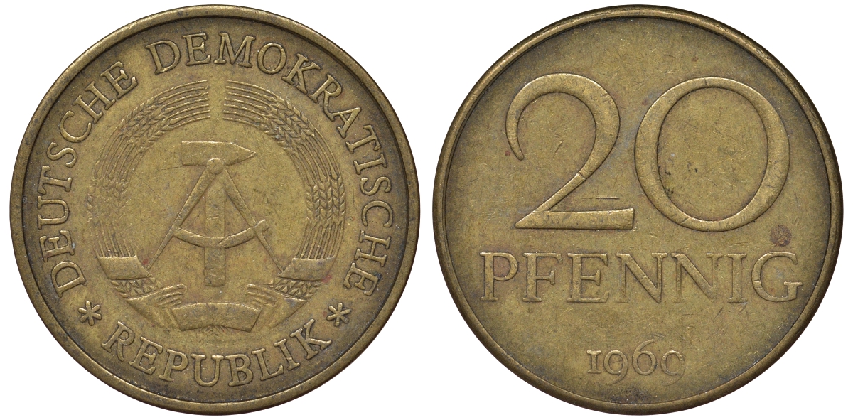 ГДР 20 пфеннигов 1969 А, первый год KM 11 латунь 62-1024