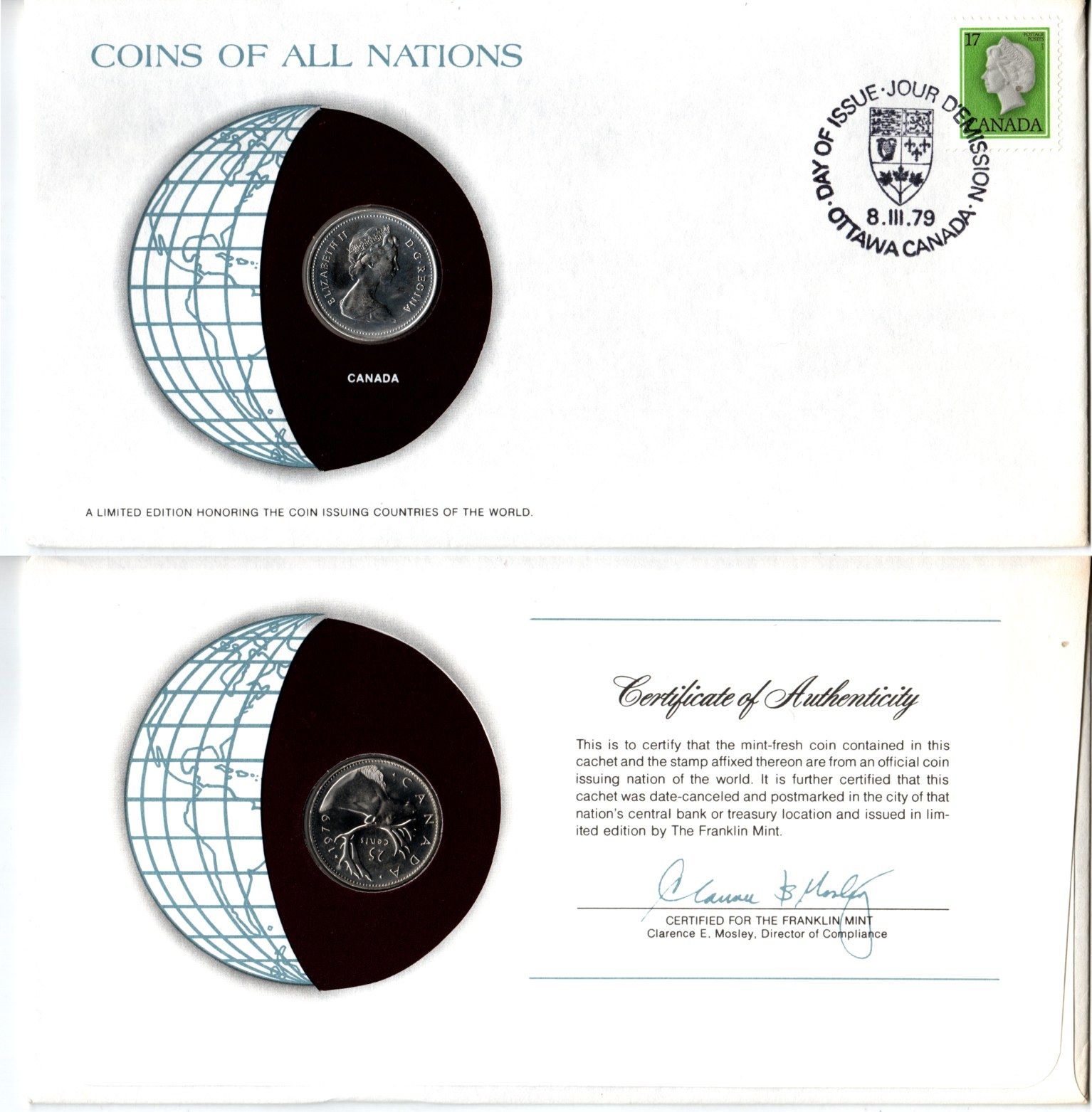 Канада 25 центов 1979 конверт с маркой первого дня гашения, Coins of Nations KM 74 никель UNC 4295-9-3