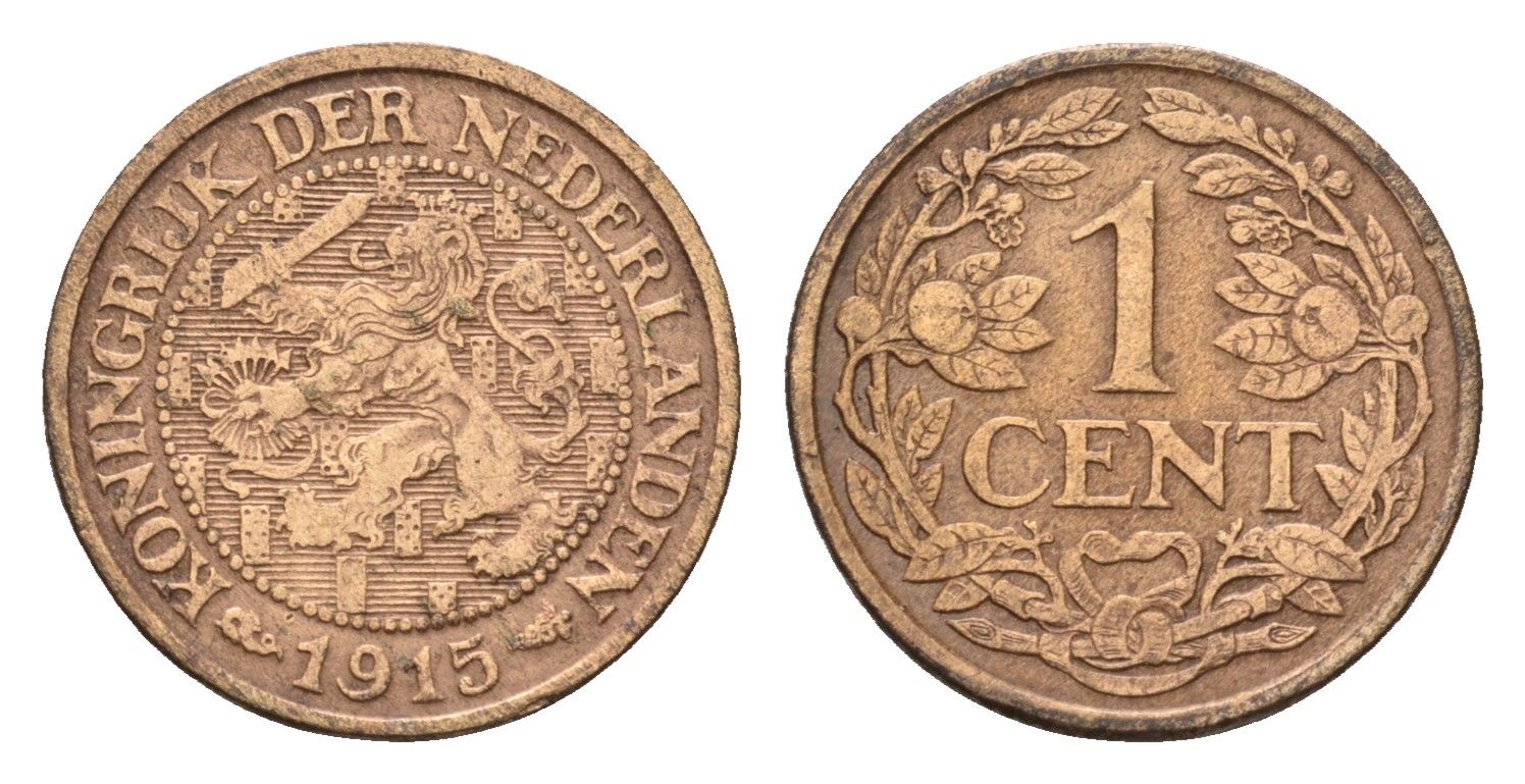 Нидерланды 1 цент 1915 Вильгельмина (1890-1948) KM 152 бронза 4627-641