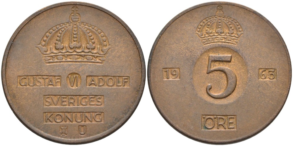 Швеция 5 эре 1963 U, Густав VI Адольф (1950-1973) KM 822 бронза 4557-816