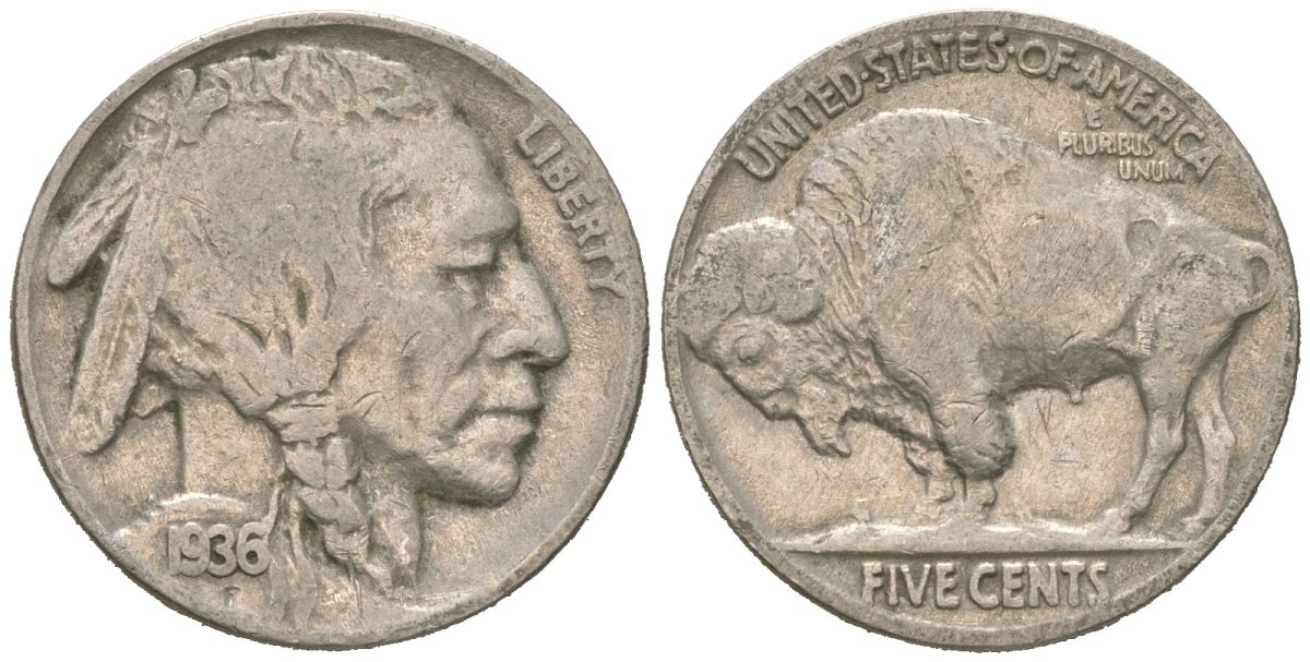 США 5 центов 1936 индеец, бизон KM 134 медно-никель 4614-1232