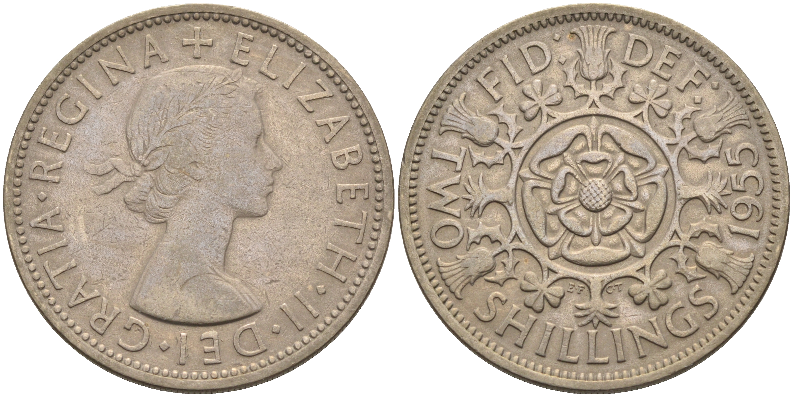 Великобритания 2 шиллинга (флорин) 1955 Елизавета II (1952-2022) KM 906, Spink 4146 медно-никель 4367-1246