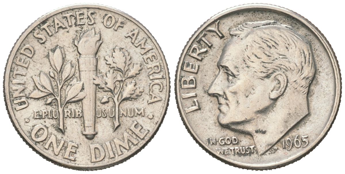 США 10 центов (дайм) 1965 Рузвельт KM 195a медь плакированная медно-никелем 192-1057