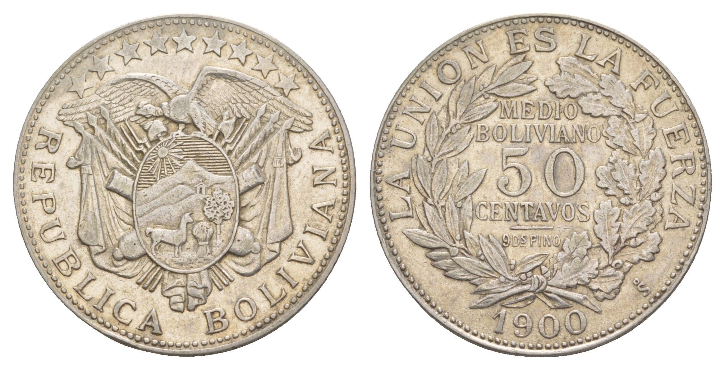 Боливия 50 сентаво 1900 KM 175 серебро 1519-644