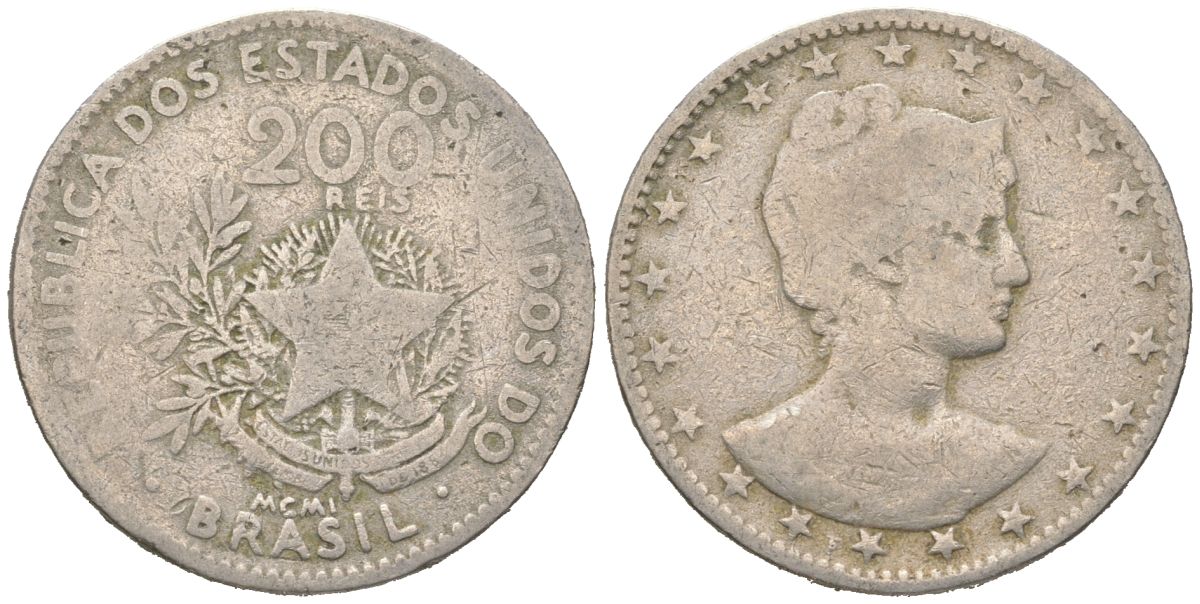 Бразилия 200 реалов 1901 MCMI, голова свободы вправо KM 504 медно-никель 4612-144