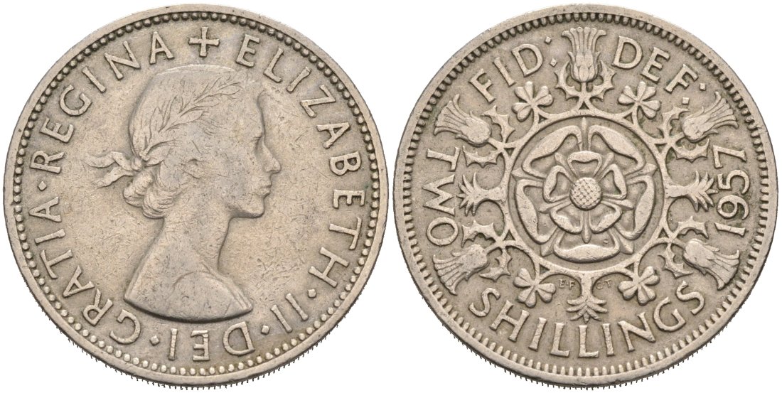Великобритания 2 шиллинга (флорин) 1957 Елизавета II (1952-2022) KM 906, Spink 4146 медно-никель 4572-1015