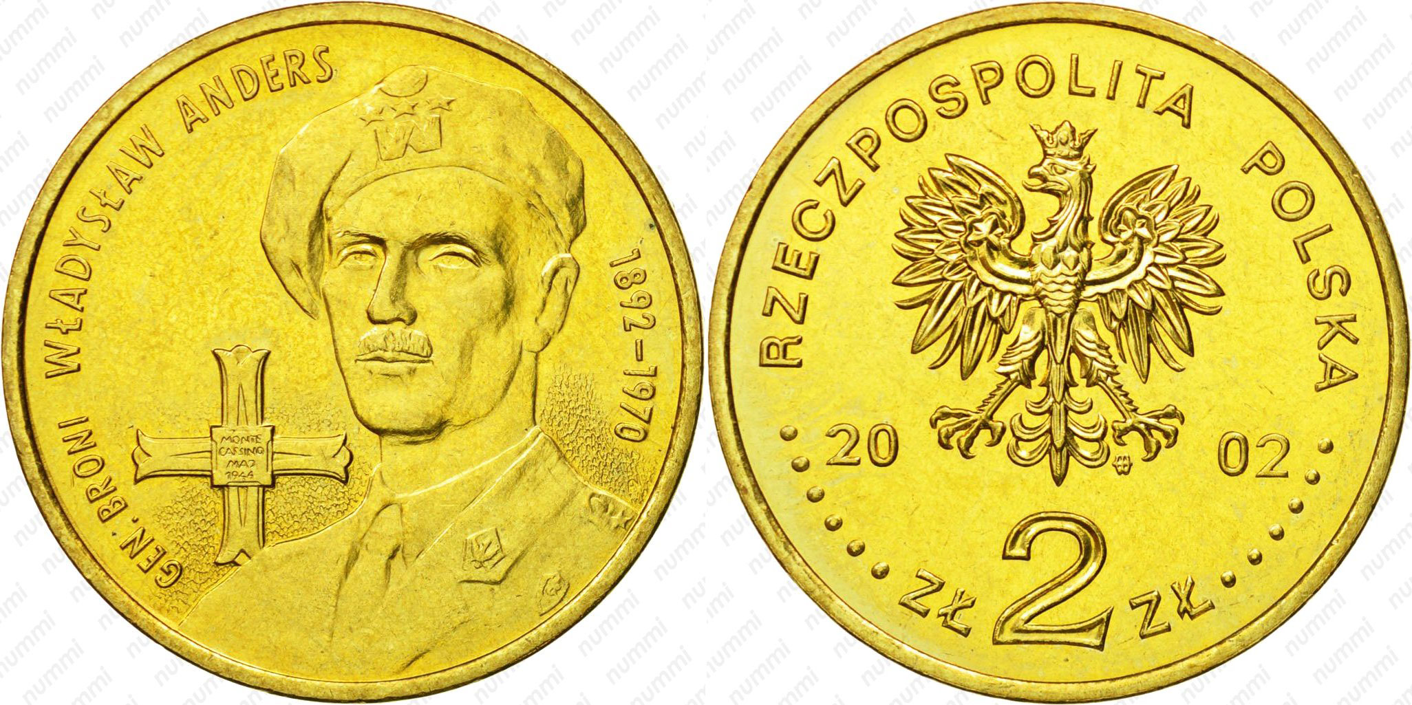 Польша 2 злотых 2002 MW, генерал Владислав Андерс (1892-1970) KM 440 нордик UNC 4526-1212