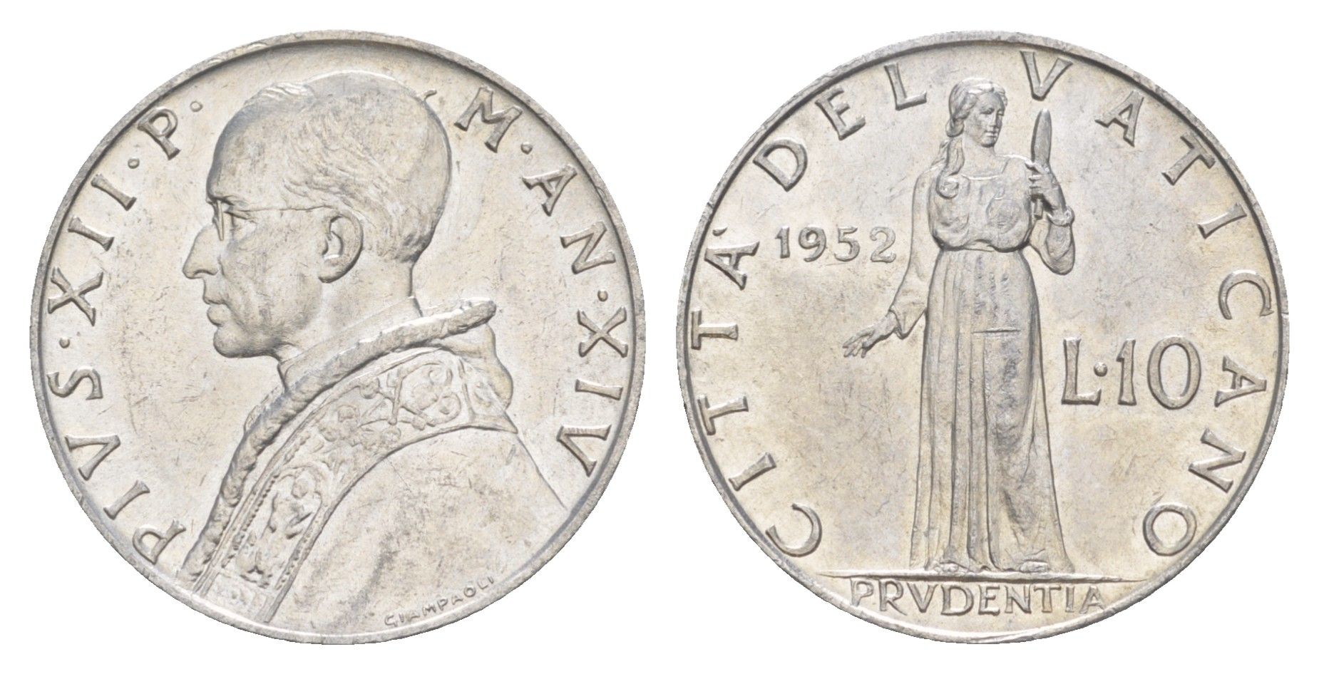 Ватикан 10 лир 1952 MCMLII, Пий XII KM 52 алюминий UNC 4648-121