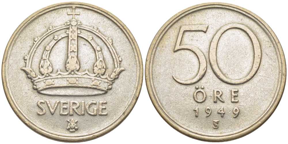 Швеция 50 эре 1949 TS, Густав V (1907-1950) KM 817 серебро 119-1047