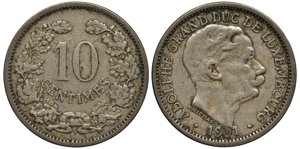 ЛЮКСЕМБУРГ 10 САНТИМОВ 1901 ВЕЛИКИЙ ГЕРЦОГ АДОЛЬФ (1890-1905) КМ 25 медно-никель 4538-714