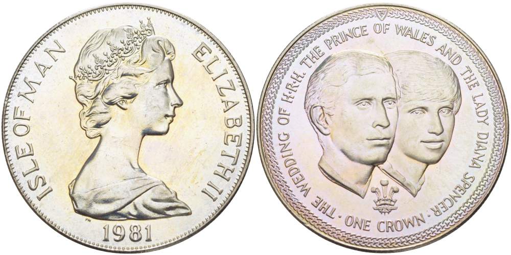 Остров Мэн 1 крона 1981 Королевская свадьба принца Чарльза и леди Дианы, портреты KM 82 медно-никель UNC 4527-324