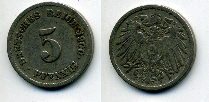 ГЕРМАНИЯ 5 ПФЕННИГОВ 1900 J, KM 11, J. 12 медно-никель 58-1229
