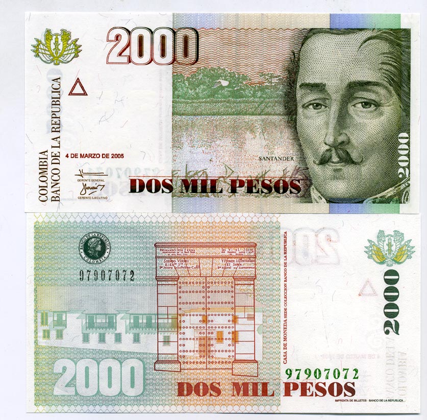 Колумбия 2000 песо 2005 4 марта 2005, Франсиско де Паула Сантандер Pick 451j бумага UNC (пресс) 7202-29-3