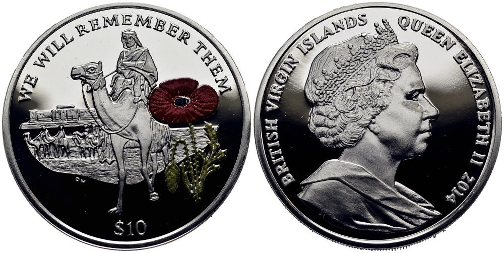 Британские Виргинские острова 10 долларов 2014 в память героев первой мировой войны, солдат верхом на верблюде, красный мак KM NEW серебро, эмаль  PROOF 1071-1-41