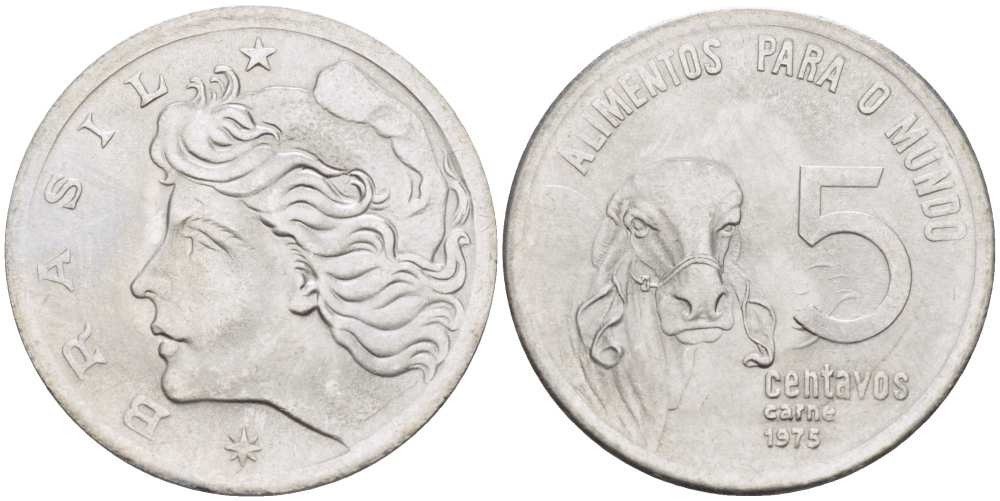 Бразилия 5 сентаво 1975 ФАО, зебу KM 587.1 нержавеющая сталь 4514-425