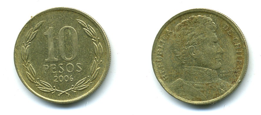 ЧИЛИ 10 ПЕСО 2006 ГЕНЕРАЛ БЕРНАРДО О ХИГГИНС KM 228.2 никель-бронза 37-258