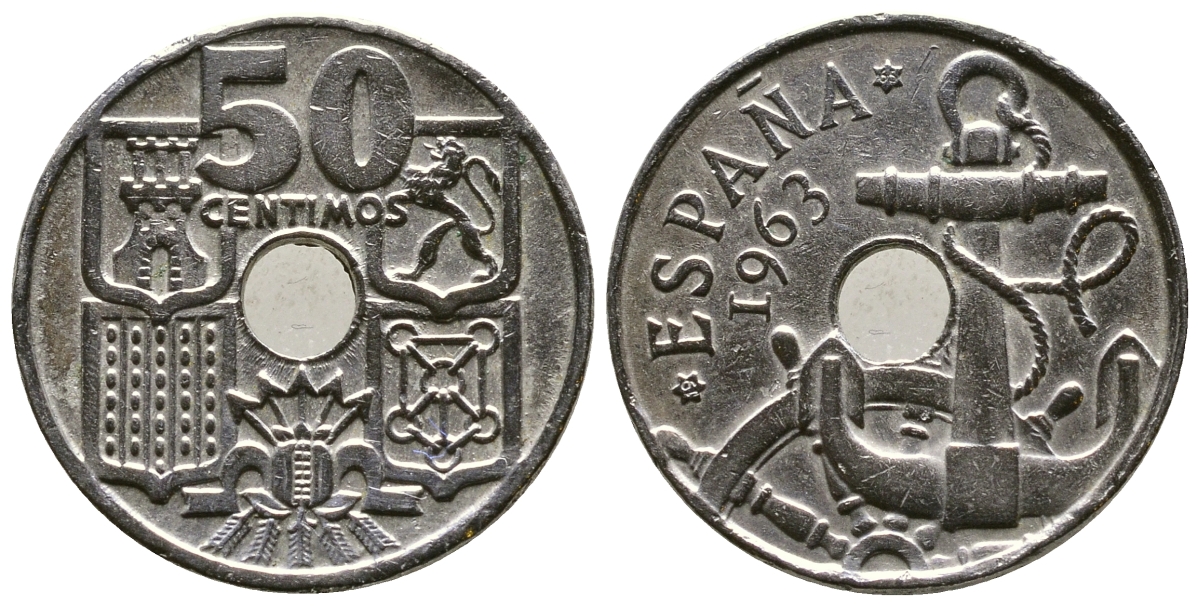 ИСПАНИЯ 50 СЕНТИМО 1963 (65) ФРАНСИСКО ФРАНКО ДИКТАТОР ИСПАНИИ (1939-1975), МОРСКАЯ АТРИБУТИКА KM 777 медно-никель 4385-656