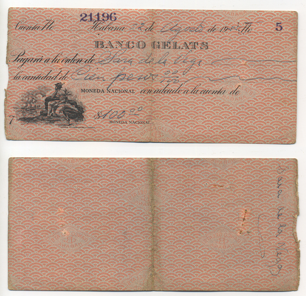 Куба чек именной № 5 1955 БАНК GELATS, НА ИМЯ САРА ДЕ ЛА ВЕГИ, НА СУММУ 100 ПЕСО    бумага   504-50-1-1