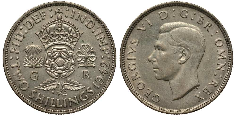 Великобритания 2 шиллинга (флорин) 1942 Георг VI (1936-1952) KM 855, Spink 4081 серебро 215-821