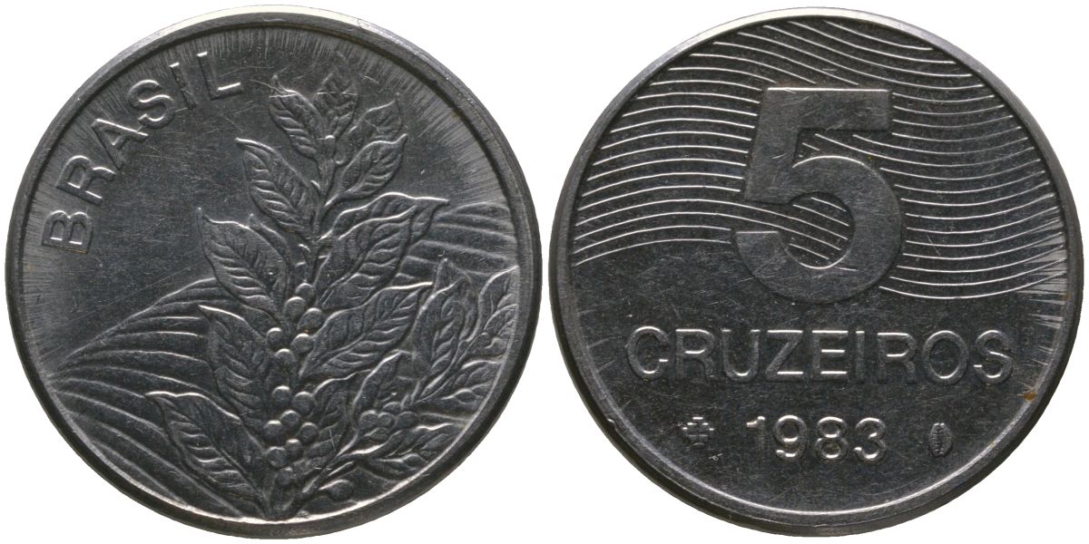Бразилия 5 крузейро 1983 KM 591, Schon 100 нержавеющая сталь 4514-823