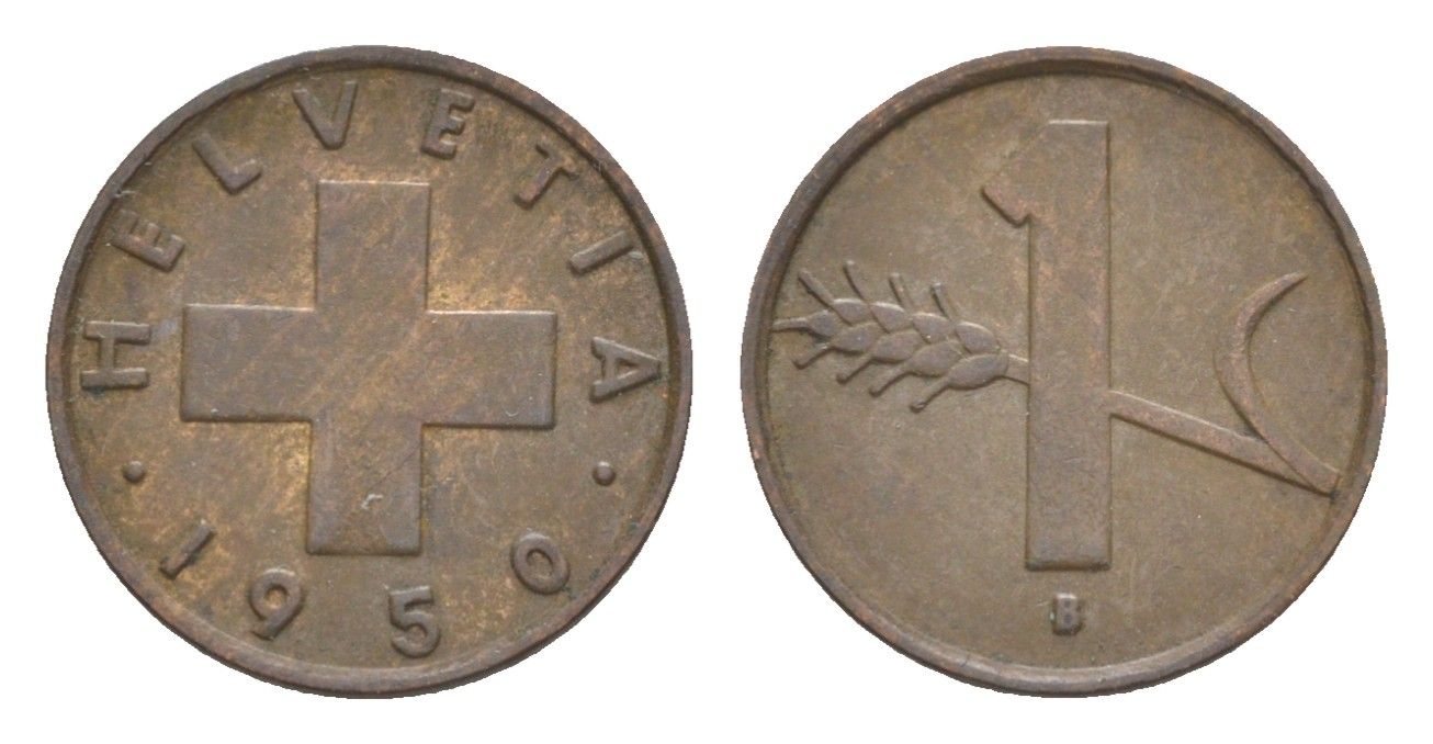 Швейцария 1 раппен 1950 B KM 46 бронза 4630-525