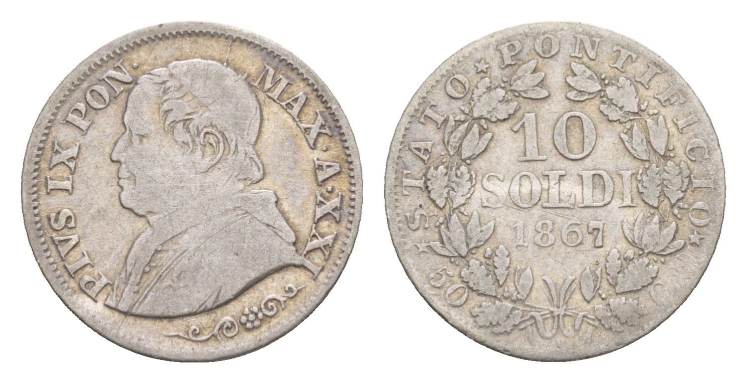 Папская Область 10 сольдо 1867 R, Пий IX (1846-1878) KM 1376 серебро 1520-812