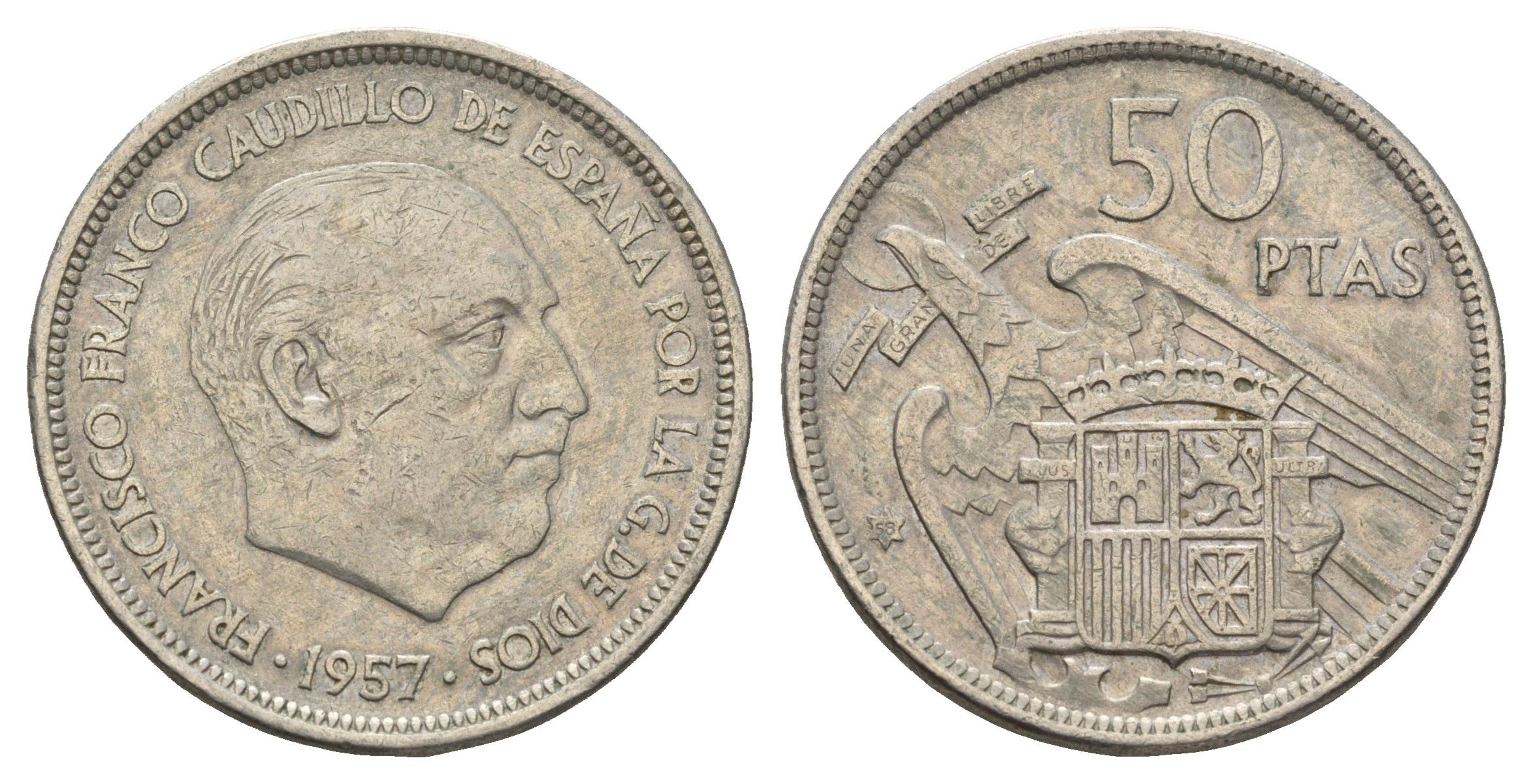 Испания 50 песет 1957 (58) Франсиско Франко (1939-1975) KM 788 медно-никель 91-1016