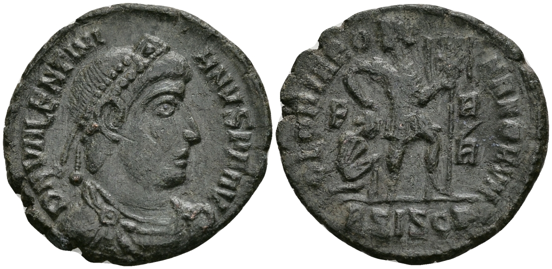 Римская Империя нуммий 364 - 368 Валентиниан I GLORIA ROMANORVM Сисция Good Very fine RIC 5a бронза 1073-3-2-4