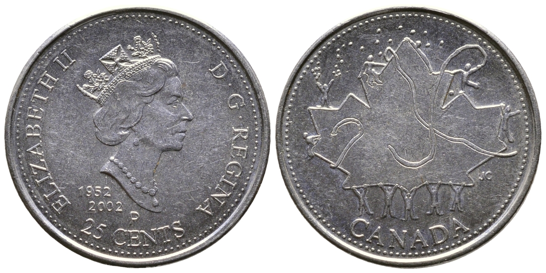 КАНАДА 25 ЦЕНТОВ 2002 Р, 1952-2002, 50 ЛЕТ ПРАВЛЕНИЯ KM 451 сталь плакированная никелем 4364-1431