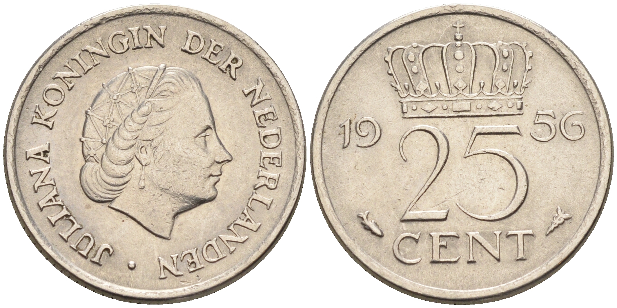 Нидерланды 25 центов 1956 Юлиана (1949-1980) KM 183 никель    4174-644