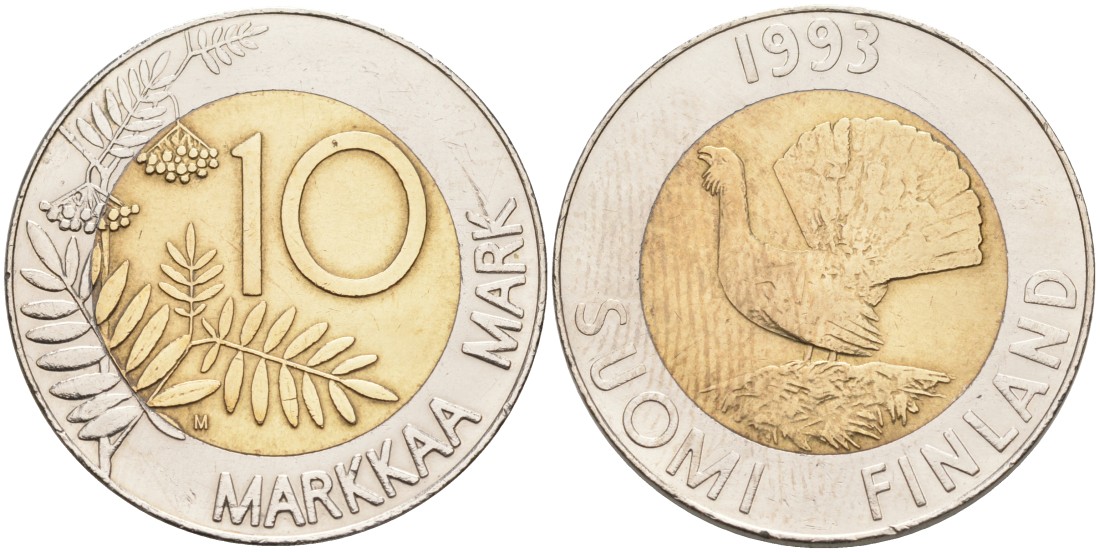 ФИНЛЯНДИЯ 10 МАРОК 1993 М, ГЛУХАРЬ KM 77 биметалл 69-546