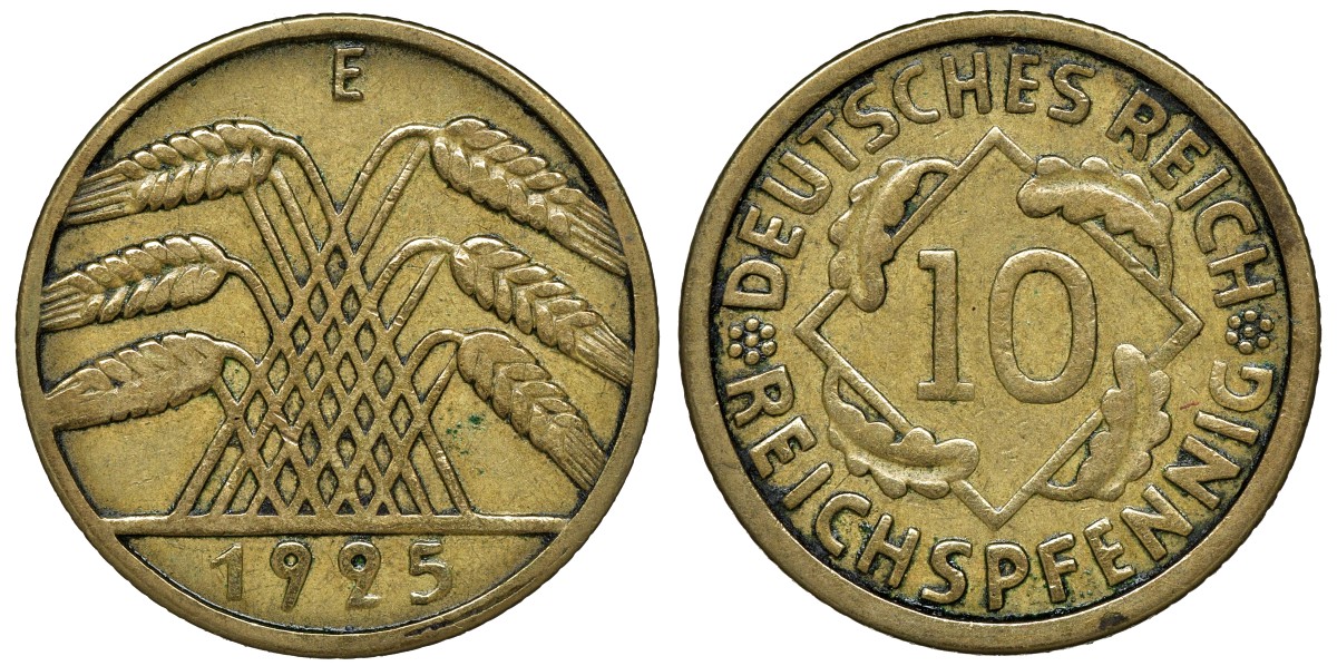 ГЕРМАНИЯ 10 РЕЙХСПФЕННИГОВ 1925 E KM 40, J.317 алюминиевая бронза 72-1546