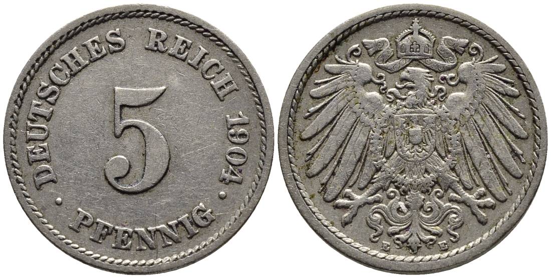 ГЕРМАНИЯ 5 ПФЕННИГОВ 1904 E KM 11, Jager 12, Weege 6 медно-никель 4547-438