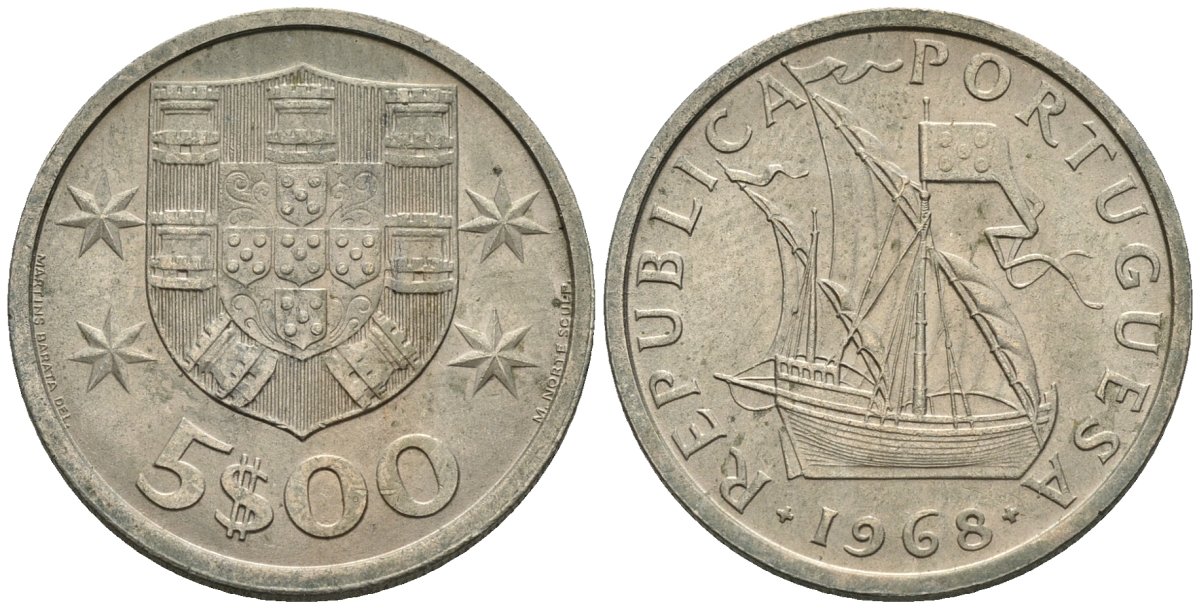 Португалия 5 эскудо 1968 парусник KM 591 медно-никель 4148-432