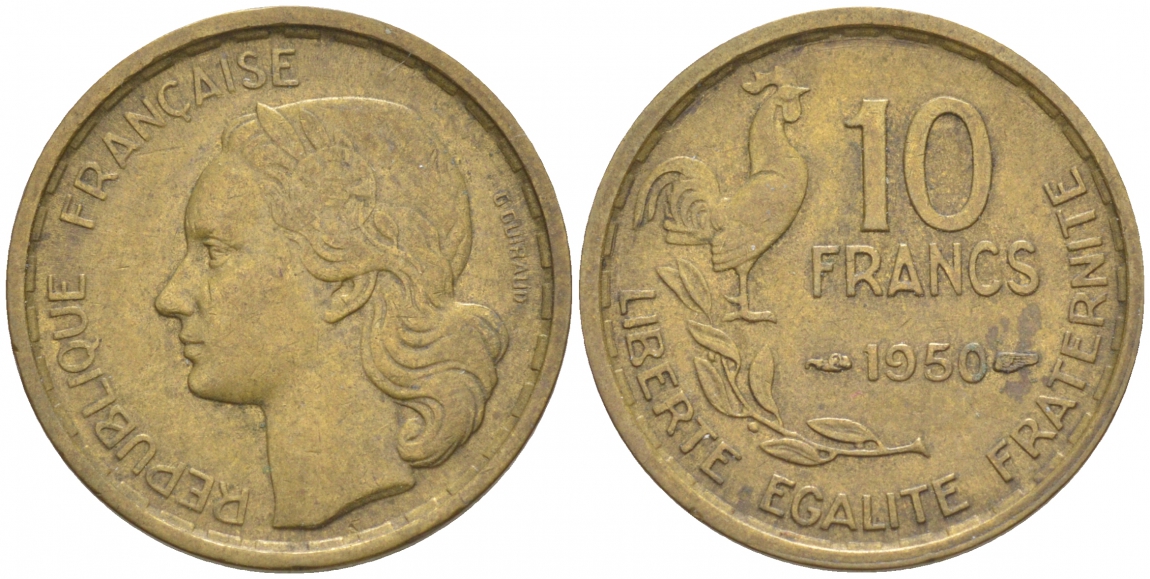 Франция 10 франков 1950 петух KM 915.1, Le Franc 363.2 алюминиевая бронза 4549-1163