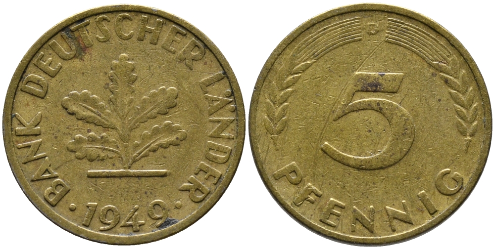 ФРГ 5 ПФЕННИГОВ 1949 D KM 102, J. 377 сталь плакированная латунью 261-1649
