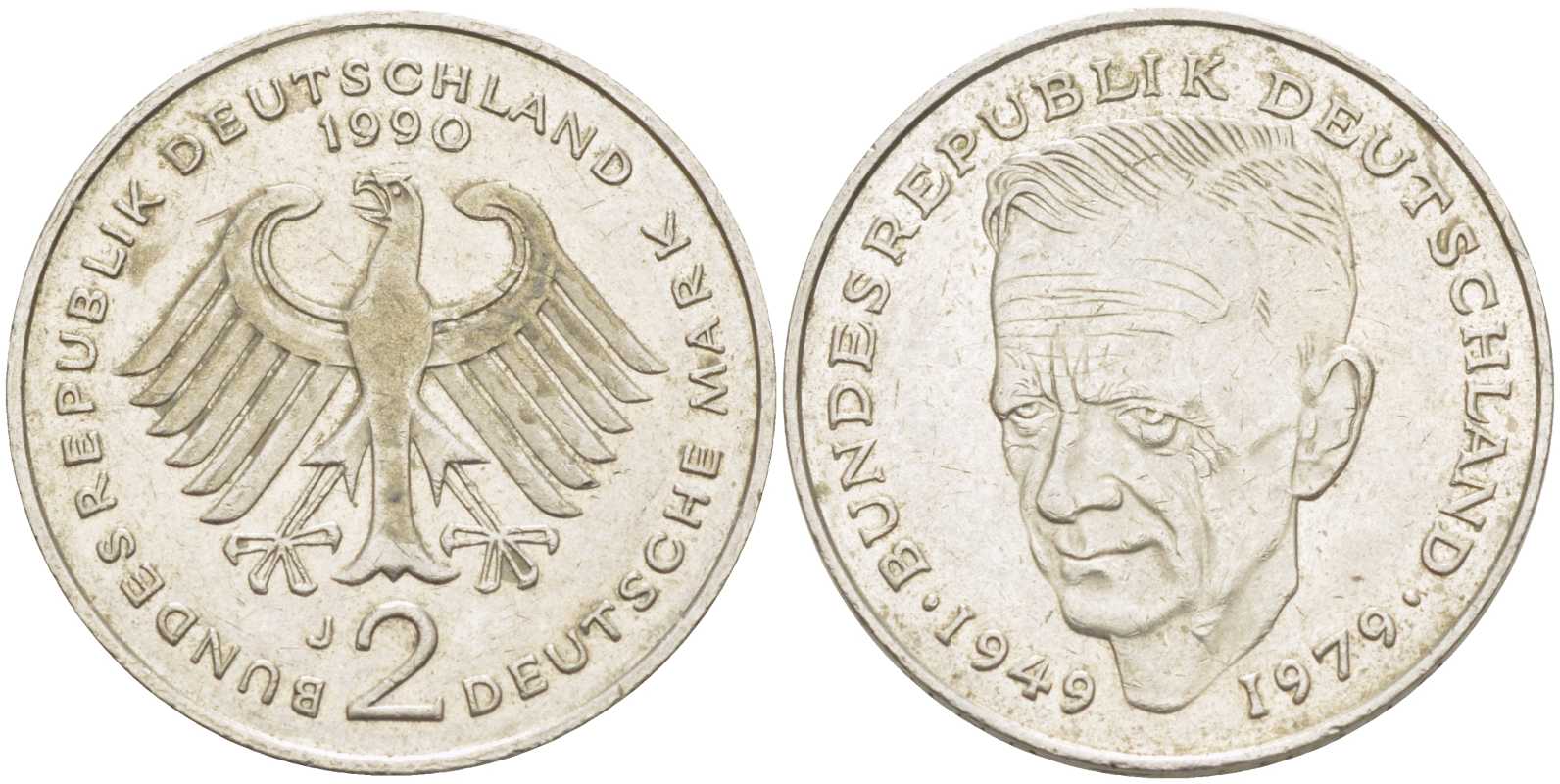 ФРГ 2 МАРКИ 1990 J, КУРТ ШУМАХЕР КМ 149, J.424 медно-никель плакированный никелем 114-1036