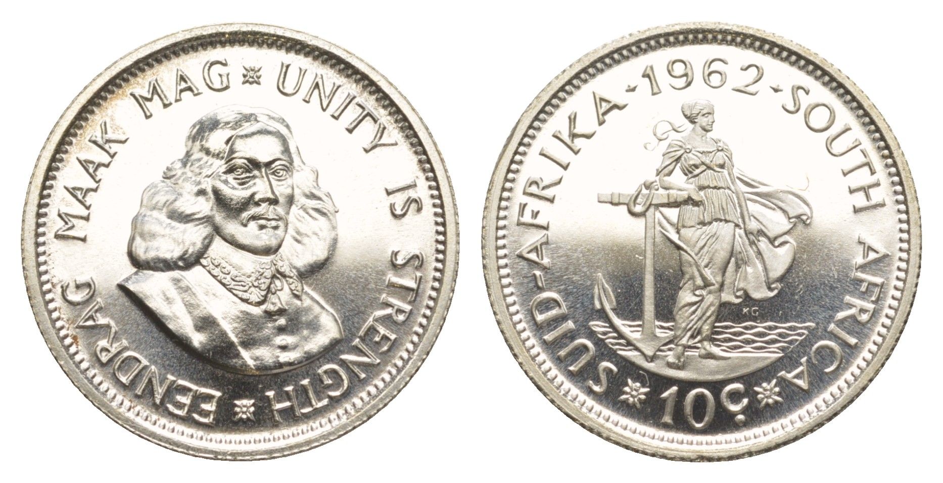 ЮАР 10 центов 1962 тираж - 3844 экземпляров KM 60 серебро PROOF 1527-1141