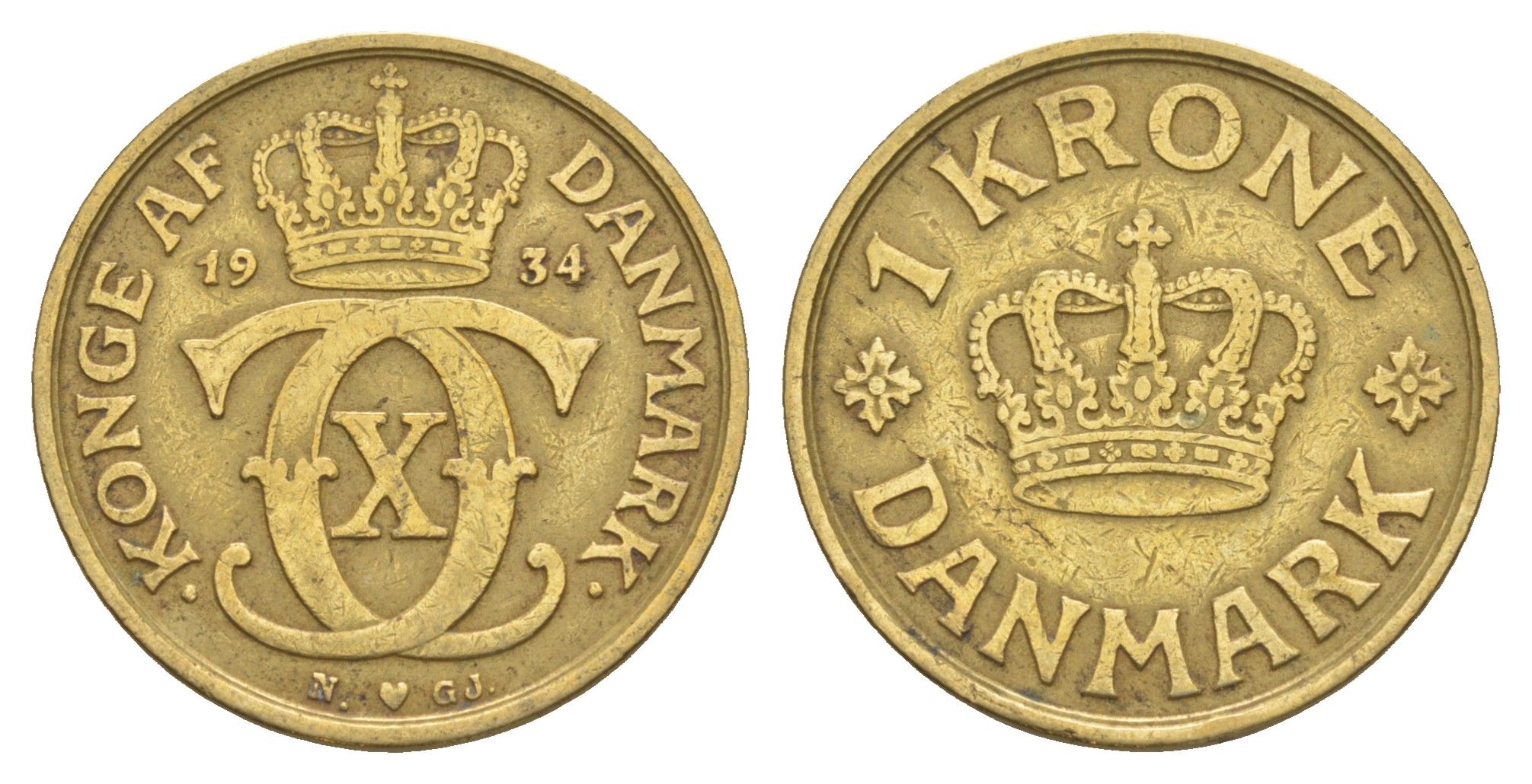 Дания 1 крона 1934 N, Кристиан X (1912-1947) KM 824 алюминиевая бронза 4638-647