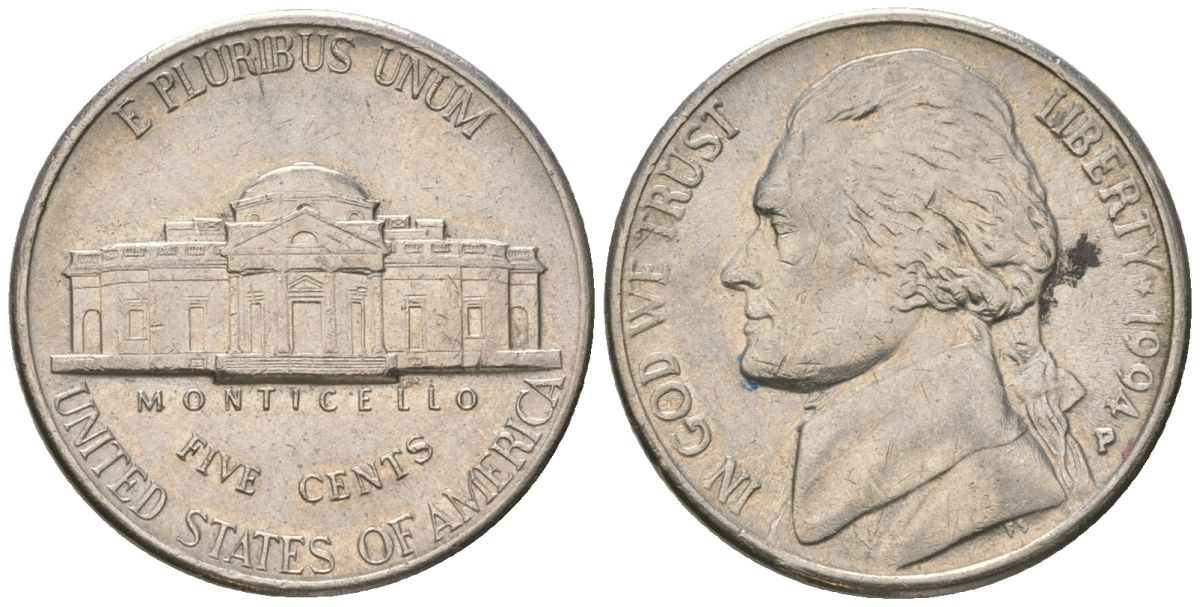 США 5 центов 1994 Томас Джефферсон KM A192 медно-никель 4551-244