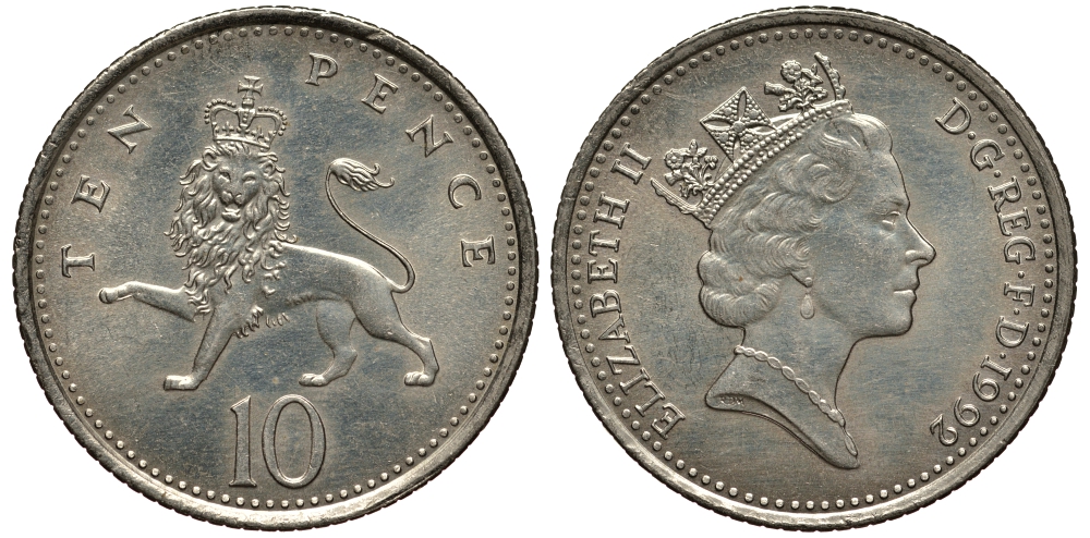 Великобритания 10 пенсов 1992 Елизавета II (1952-2022) KM 938b, Spink 4367 (F4) медно-никель 4182-557